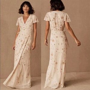 NWT BHLDN Plymouth Wrap Flutter Sleeve Beaded Women's Maxi Dress Cream size 10